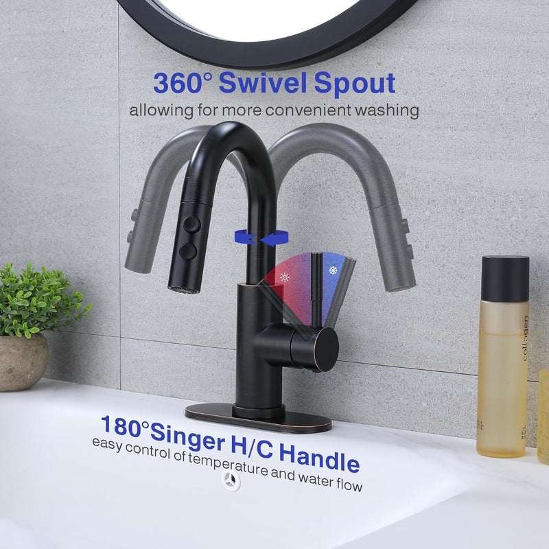 Kablle Bathroom Sink Faucet with Pull Down Sprayer, Oil Rubbed Bronze Single Handle Pull Out Faucet with Pop-Up Drain, 1 or 3 Hole Laundry Bar Basin Faucet with Deck Plate, KBL-7002ORB-CL - Image 3
